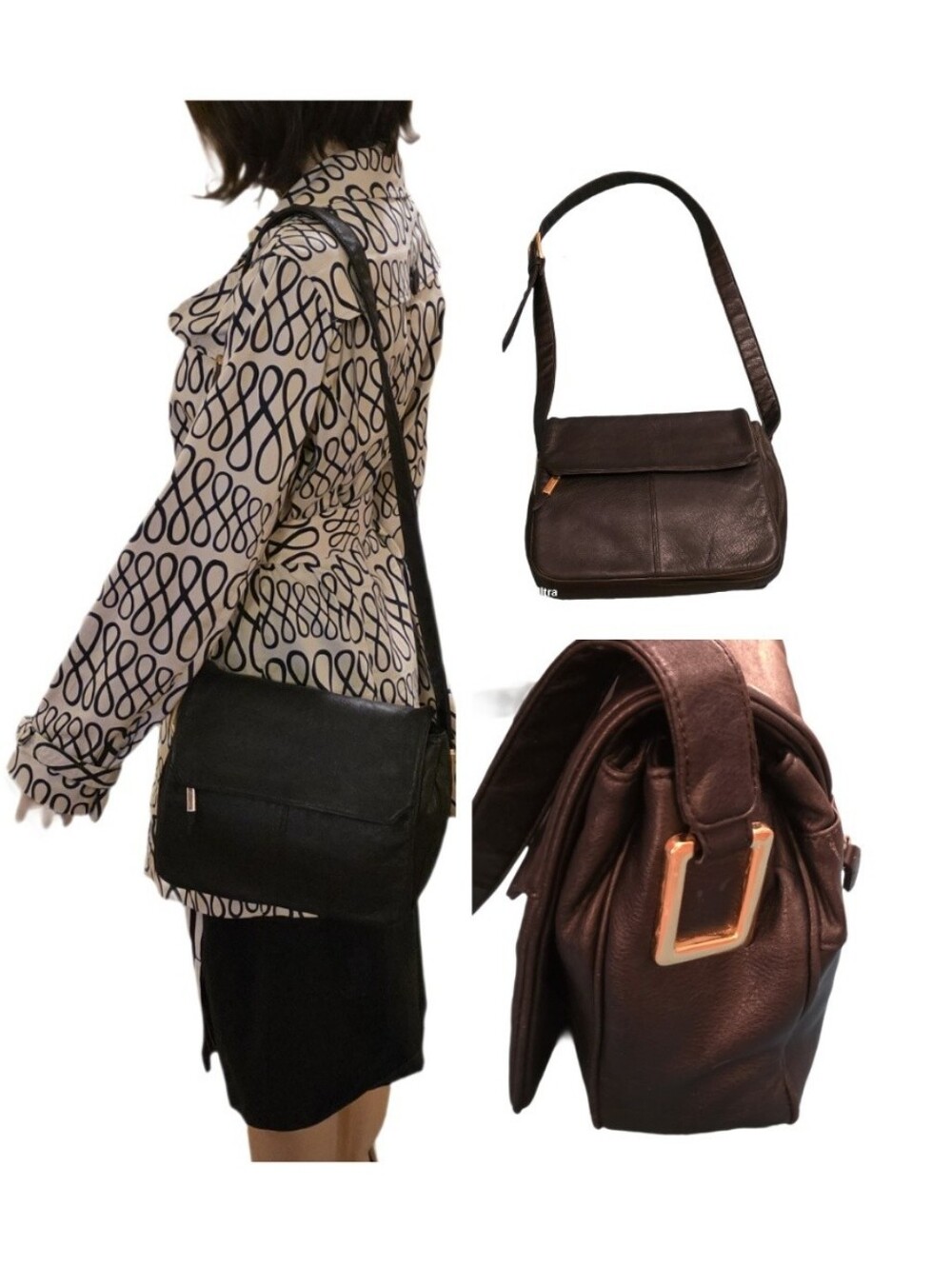 Vintage Aurielle Black Leather Flap Crossbody Shoulder Bag Center Seam Boho